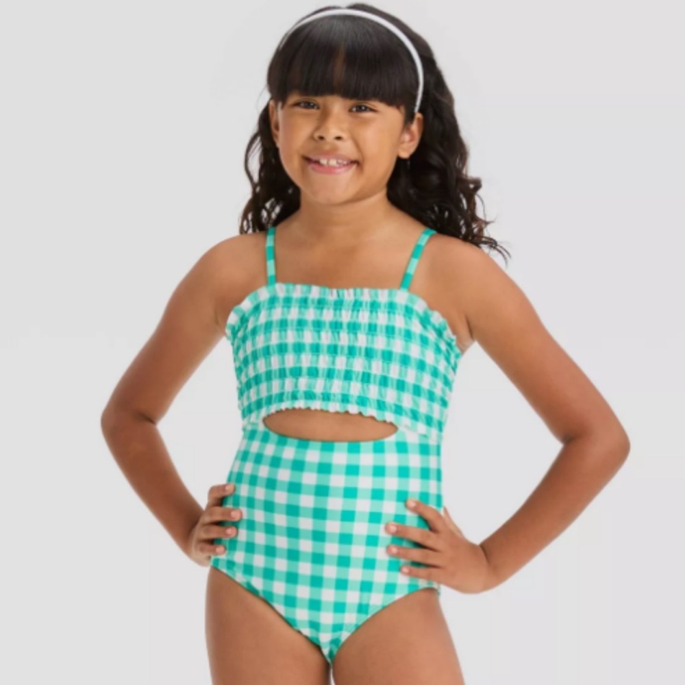 Cat & Jack Girls ‘Summer Jubilee' Gingham One Piece Swimsuit - Green, M (8)